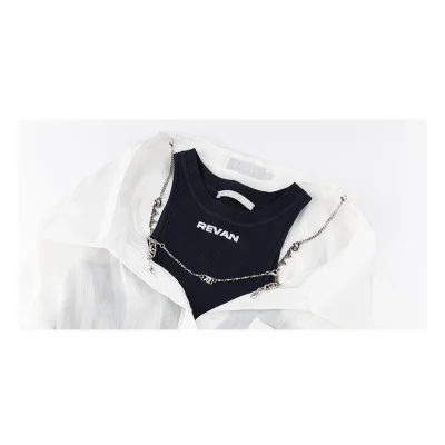 REVAN Layered Chic Shirt White Navy Blue - Image 8