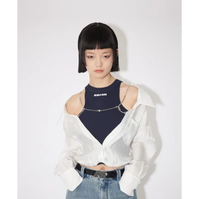 REVAN Layered Chic Shirt White Navy Blue