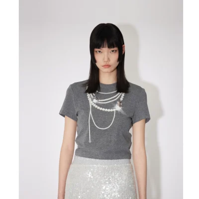 REVAN Necklace-Embellished T-Shirt Grey