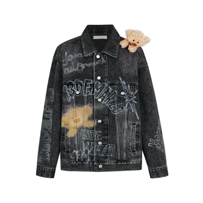 13DE MARZO Slogan Graffiti Denim Jacket Black