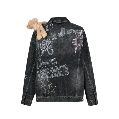 13DE MARZO Slogan Graffiti Denim Jacket Black - Image 5