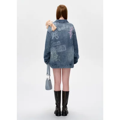 13DE MARZO Slogan Graffiti Denim Jacket Blue - Image 4