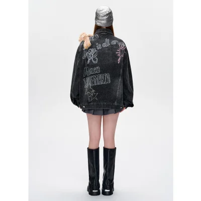 13DE MARZO Slogan Graffiti Denim Jacket Black - Image 4