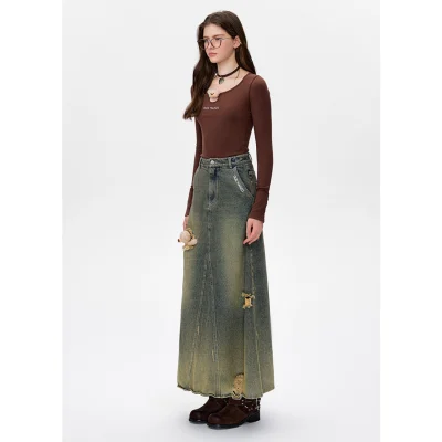 13DE MARZO Bear Slashed Denim Dress Green - Image 3