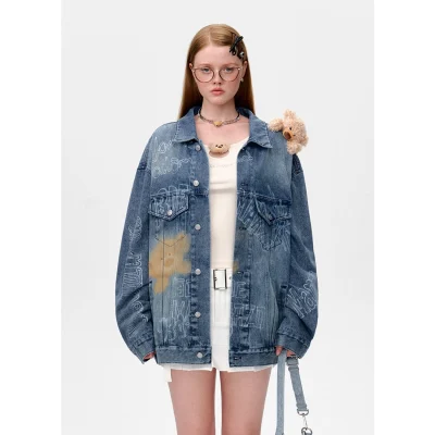 13DE MARZO Slogan Graffiti Denim Jacket Blue