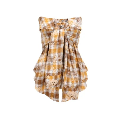 13DE MARZO Plaid Shirt Knot Tube Top Yellow - Image 2