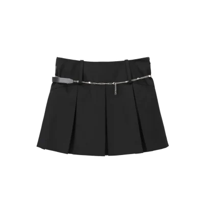 REVAN Ebony Leather-Denim Pleated Mini Skirt Dark Grey - Image 5