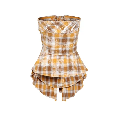 13DE MARZO Plaid Shirt Knot Tube Top Yellow