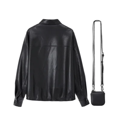 REVAN Sleek PU Leather Bomber Jacket Black - Image 8