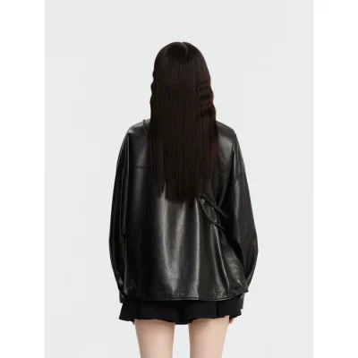 REVAN Sleek PU Leather Bomber Jacket Black - Image 7