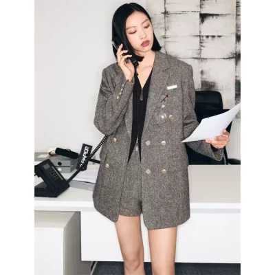 REVAN Heritage Tweed Blazer Coat Grey - Image 3
