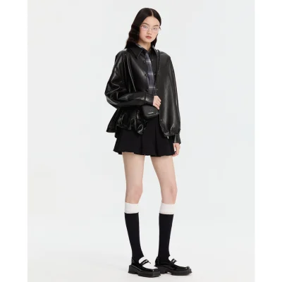 REVAN Sleek PU Leather Bomber Jacket Black - Image 4
