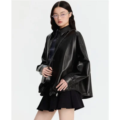 REVAN Sleek PU Leather Bomber Jacket Black - Image 5