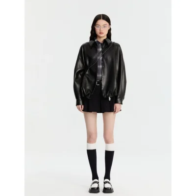 REVAN Sleek PU Leather Bomber Jacket Black - Image 6