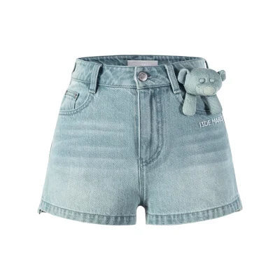 13DE MARZO Denim Frayed Embroidered Shorts Blue