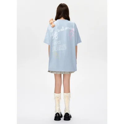 13DE MARZO Slogan Graffiti T-shirt Blue - Image 4