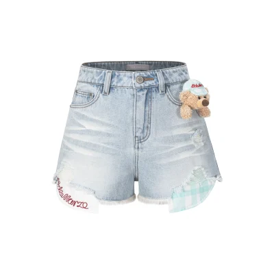 13DE MARZO Plaid Pocket Denim Shorts Blue