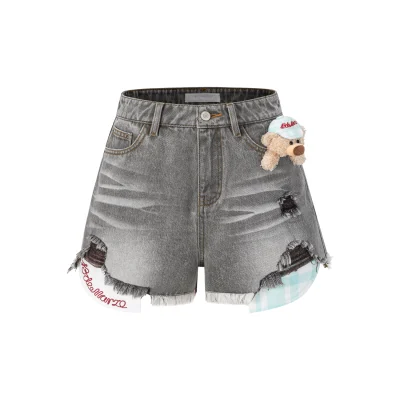 13DE MARZO Plaid Pocket Denim Shorts Grey