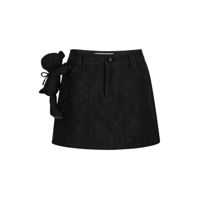 13DE MARZO Bear Lacy Denim Skirt Black