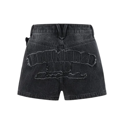 13DE MARZO Denim Frayed Embroidered Shorts Black - Image 5