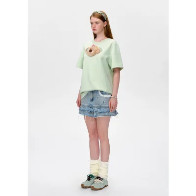 13DE MARZO Bear Flower Clip T-shirt Mint Green - Image 3