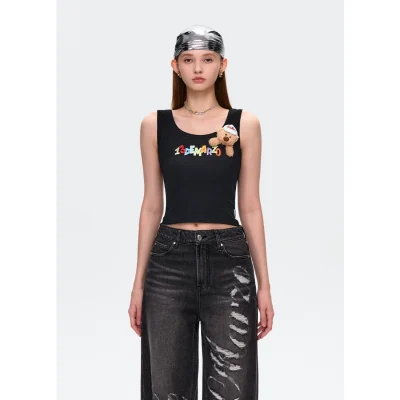13DE MARZO Embroidered Colour-block Letter Tank Black
