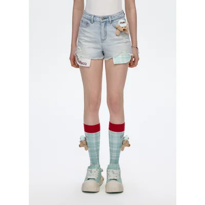 13DE MARZO Plaid Pocket Denim Shorts Blue - Image 3