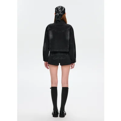 13DE MARZO Denim Frayed Embroidered Jacket Black - Image 4