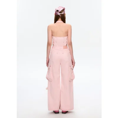 13DE MARZO Denim Cargo Pants Pink - Image 4