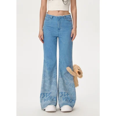 13DE MARZO Bear Gradient Logo Flare Jeans Blue