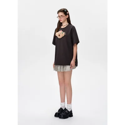 13DE MARZO Bear Flower Clip T-shirt Dark Grey - Image 3
