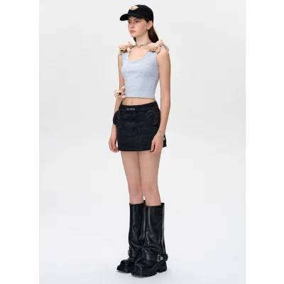 13DE MARZO Bear Face Denim Skirt Black - Image 3