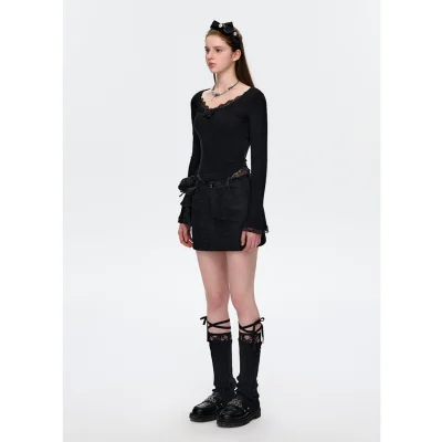 13DE MARZO Bear Lacy Denim Skirt Black - Image 3