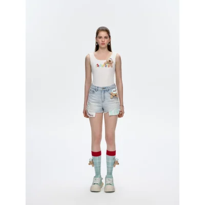 13DE MARZO Plaid Pocket Denim Shorts Blue