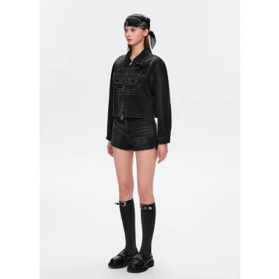 13DE MARZO Denim Frayed Embroidered Jacket Black - Image 3