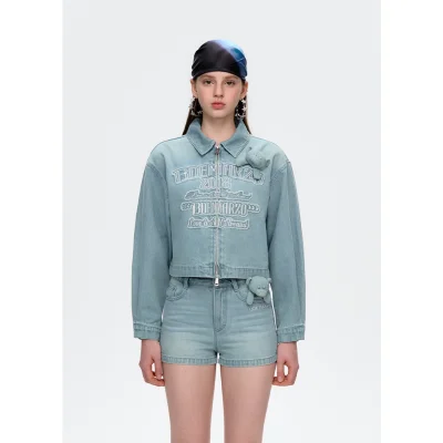 13DE MARZO Denim Frayed Embroidered Jacket Blue
