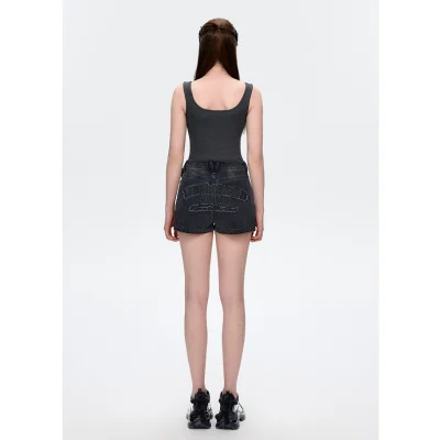 13DE MARZO Denim Frayed Embroidered Shorts Black - Image 4