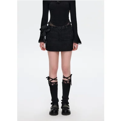 13DE MARZO Bear Lacy Denim Skirt Black