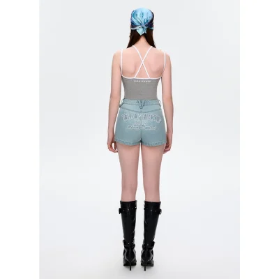 13DE MARZO Denim Frayed Embroidered Shorts Blue - Image 4