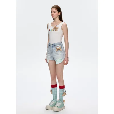 13DE MARZO Plaid Pocket Denim Shorts Blue - Image 4