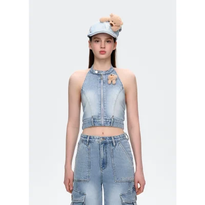 13DE MARZO Halter Denim Top Blue