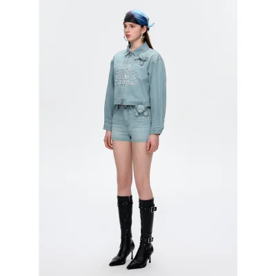 13DE MARZO Denim Frayed Embroidered Jacket Blue - Image 3