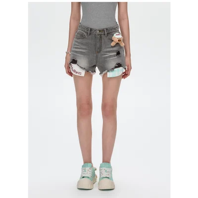13DE MARZO Plaid Pocket Denim Shorts Grey