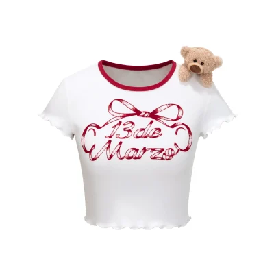 13DE MARZO Ribbon Collar Cropped Top White