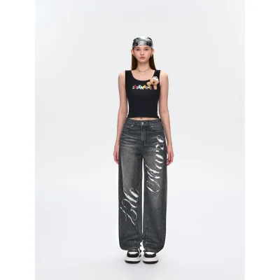 13DE MARZO Distressed Logo Decorated Jeans Black - Image 3