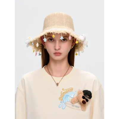 13DE MARZO Island Style Shells Straw Hat Khaki