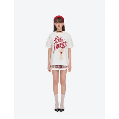 13DE MARZO Doozoo Checked Ribbon T-Shirt White - Image 3