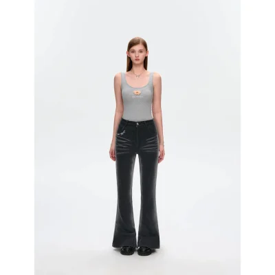13DE MARZO Doozoo Split Hem Flared Jeans Black - Image 3
