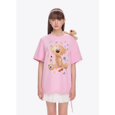 13DE MARZO Bear Stickers T-Shirt Pink