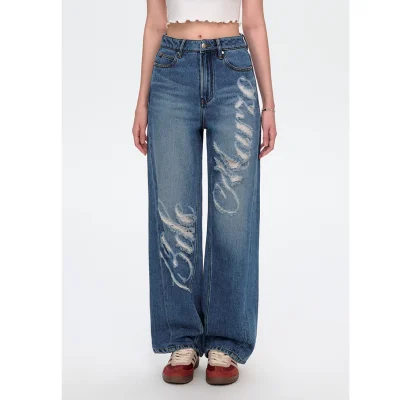 13DE MARZO Distressed Logo Decorated Jeans Blue